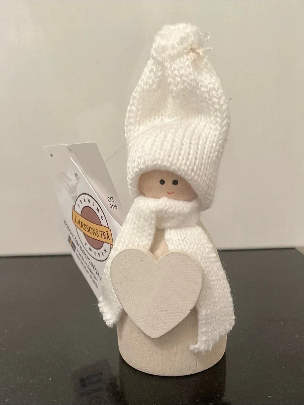 Larssons Tra White Gnome with White Heart Scandinavian Tomte Wood Figurine 3.5”